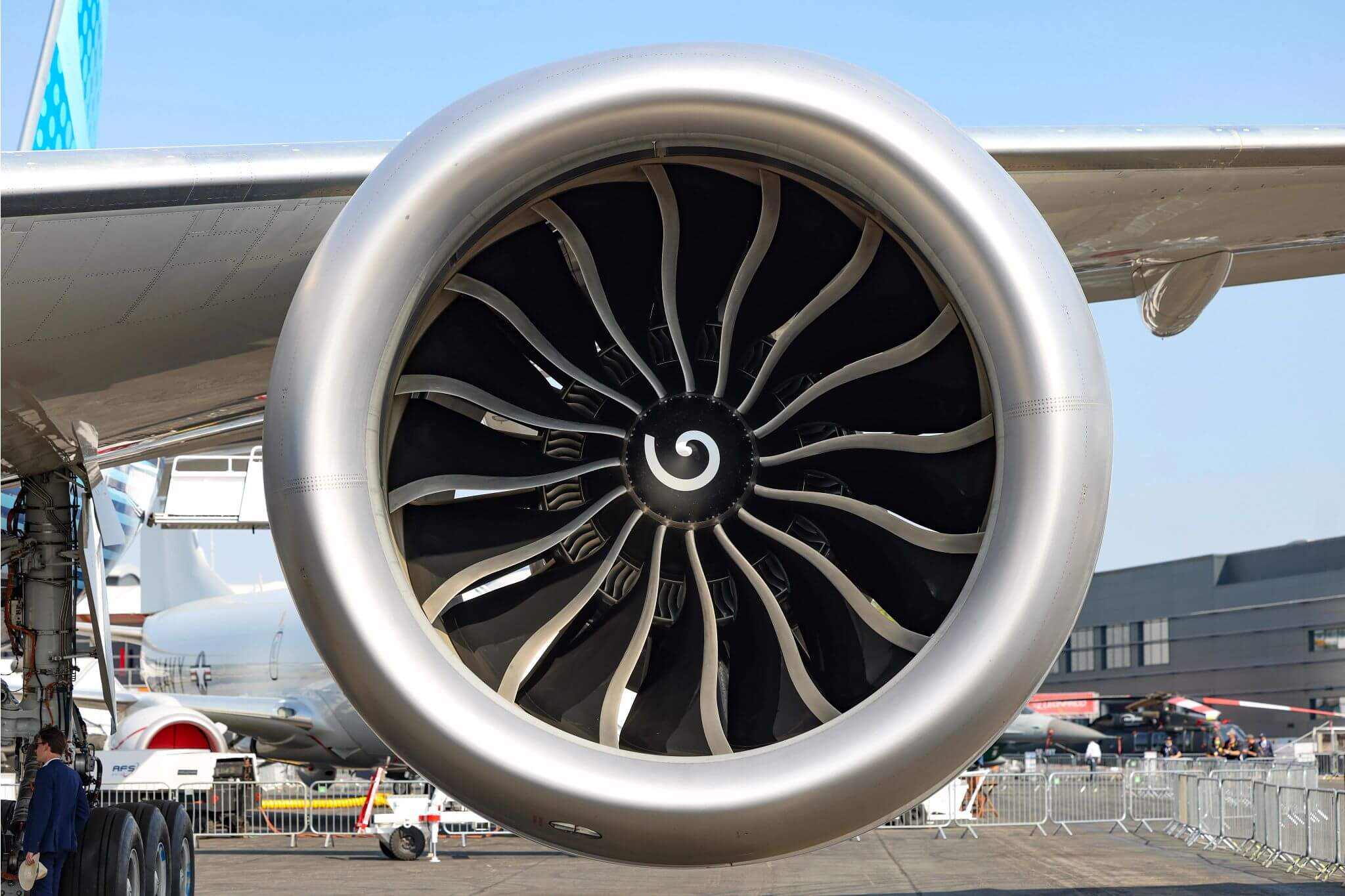 Close-up of Aetheria's high-bypass turbofan engine.