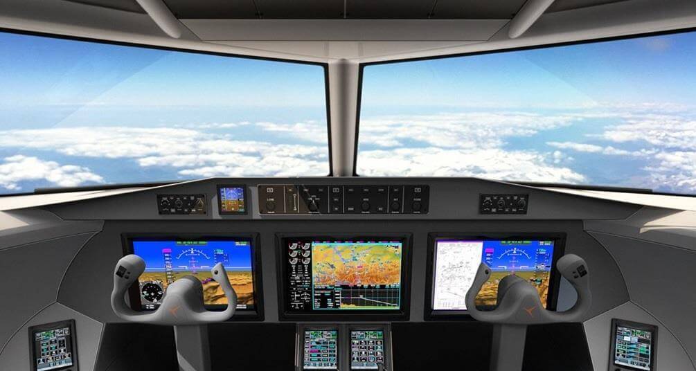 The Aetheria's futuristic glass cockpit with AI-assisted avionics.