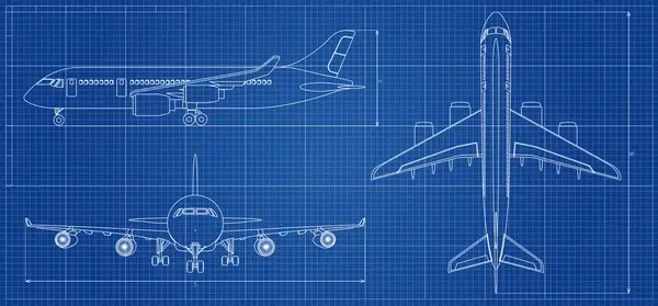 A conceptual image of aircraft design blueprints and high-tech equipment.
