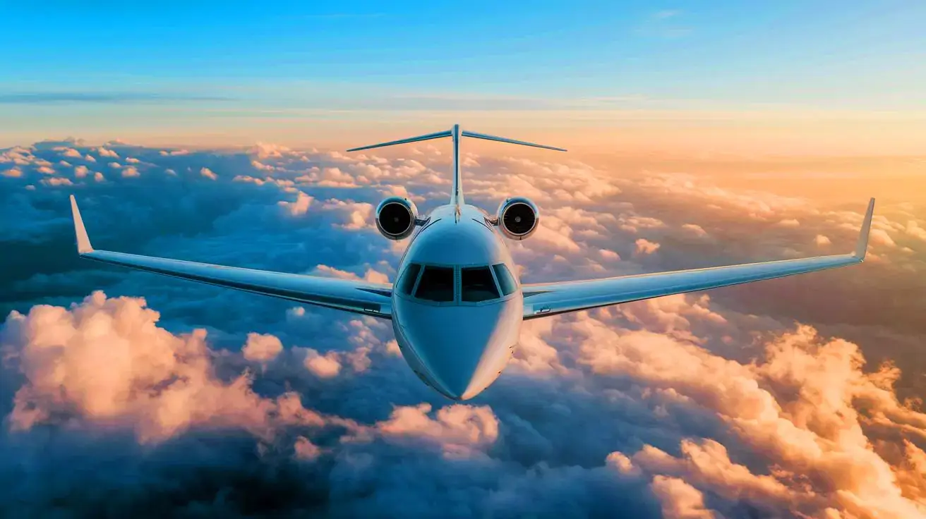 Sleek executive jet flying above the clouds.